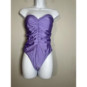 Jade Swim Yara Sheen Ruched High Cut Sweetheart Neckline Lilac Swimsuit Sz L‎